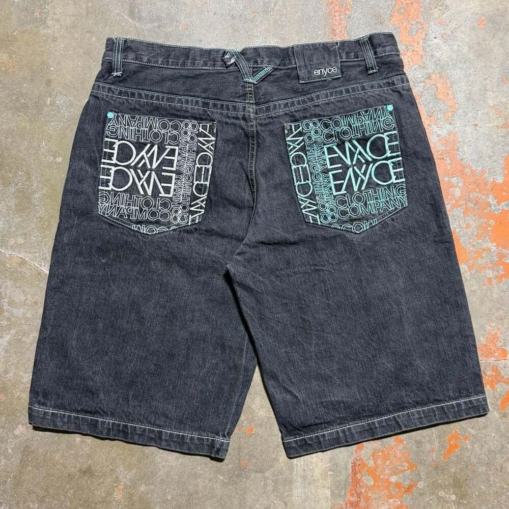 Vintage EmbroideredEnyce Men's Black Baggy Denim Shorts Y2K Size 38